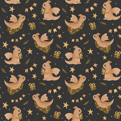 Seamless pattern New Year dragon 2024 with Christmas tree? stars and gifts for textile, stationery and packaging, dinosaur pattern with pine, Christmas tree branches, pennants, star and gift