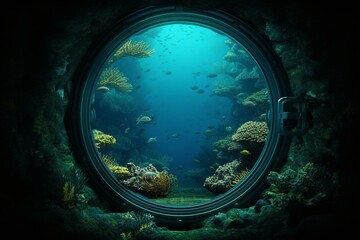 Underwater window view from a vessel. Generative AI