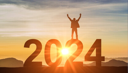 2024. New Year 2024, New Start motivation inspirational quote message. Man meets dawn for new year...