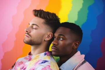 Two men African American and French standing on rainbow background. lgbtq support. 