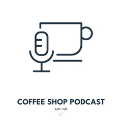 Coffee Shop Podcast Icon. Microphone, Radio, Cup. Editable Stroke. Simple Vector Icon