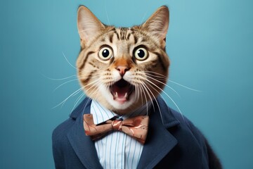 Domestic pet cat with a shocked look isolated on a blue background