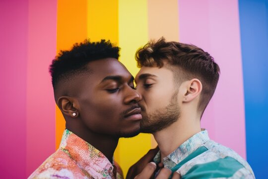Diversity couple African American and Hispanic men hugging. LGBTQ photo of two young men in love on rainbow background. Two homosexual men kissing on colorful background