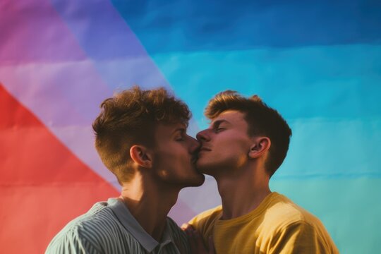 LGBTQ photo of two young men in love on rainbow background. Two homosexual men kissing on colorful background