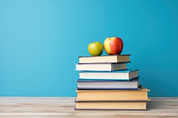 Simple composition of hardback books and apples on wooden deck table and blue background. Books...