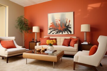 Super modern living room with sofa. Apartment paint color schemes living room color. Coral accent 