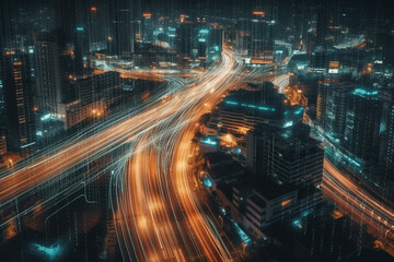 Night city with lights and traffic on the road,3d rendering generative ai