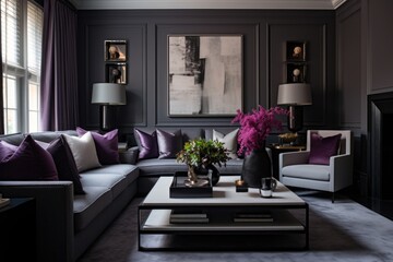 Elevate your home's ambiance by designing a Charcoal Living Room Color Scheme featuring Deep Plum Accents, infusing a sense of luxury and sophistication into your living space