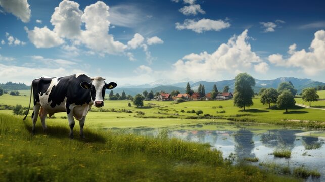 breathtaking image of a picturesque countryside that depicts a contented cow grazing on a lush green pasture.