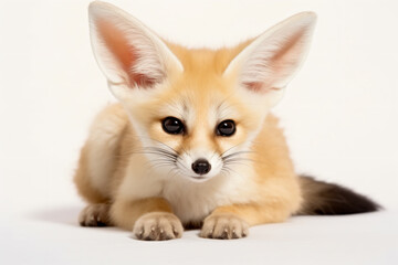 a small fox laying down on a white surface