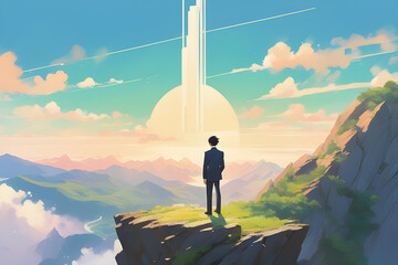 Businessman on top of mountain .
