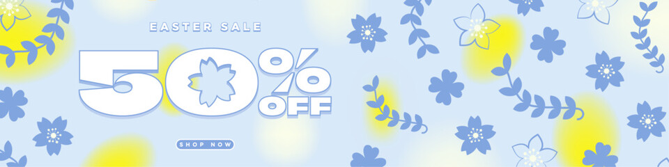 Colorful Pastel 50% Easter Sale Banner with Shop Now CTA button. Big typographic 50% design. Colorful blurred eggs with floral and flora design elements. Vector Illustration.
