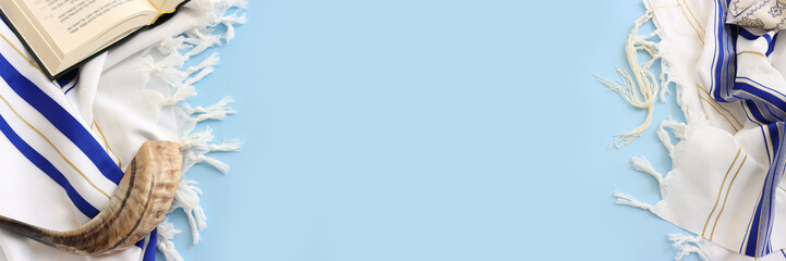 religion image of shofar (horn) on white prayer talit. Rosh hashanah (jewish New Year holiday),...