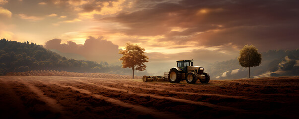 tracteur dans un champ fraîchement labouré - format panoramique