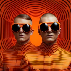 In a dystopian future, two men clad in vibrant orange and black striped shirts, donning futuristic vr goggles and sunglasses, stand as a testament to the multiverse of possibilities opened up by scie