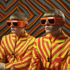 Obraz premium Two mysterious men wearing orange and yellow striped suits and futuristic vr goggles stare boldly into a dystopian future, daring the unknown multiverse that lies beyond