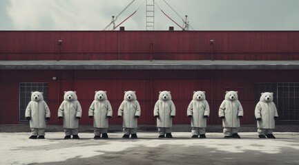 A futuristic, dystopian multiverse is depicted, with a line of people standing in front of an outdoor building wearing polar bear-inspired clothing, all looking up at the sky through their vr goggles