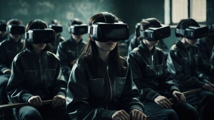 In a dystopian future, a group of people wearing virtual reality goggles explore a multiverse of possibilities, dressed in stylish jackets and fedoras, ready to take on whatever comes their way - obrazy, fototapety, plakaty