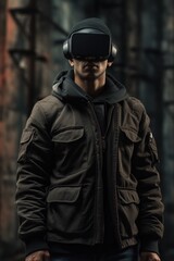 In a dystopian future, a man wearing a stylish leather jacket and vr goggles steps into the multiverse, his street fashion a testament to the unknown worlds he's about to explore