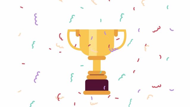 Confetti cup winning 2D animation. Awards and achievements 4K video motion graphic. Sport competition. Falling confetti trophy. Be the winner color animated cartoon flat concept, white background
