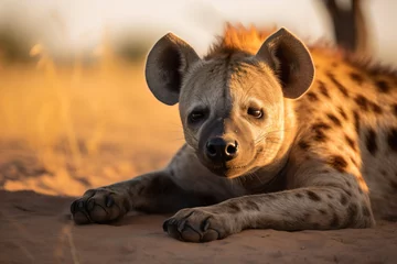 Foto op Aluminium a hyena laying down in the dirt © illustrativeinfinity