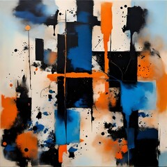 Abstract Painting with Geometric and Chaotic Shapes. Shades of Blue, Orange and Black.