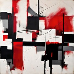 Abstract Painting with Geometric and Chaotic Shapes. Shades of Red and Black.