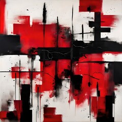 Abstract Painting with Geometric and Chaotic Shapes. Shades of Red and Black.