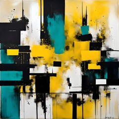Abstract Painting with Geometric and Chaotic Shapes. Shades of Yellow, Teal and Black.