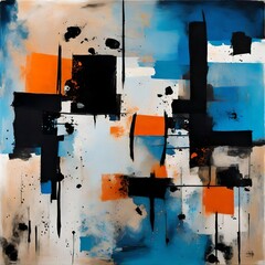 Abstract Painting with Geometric and Chaotic Shapes. Shades of Blue, Orange and Black.