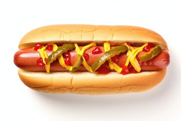 Delicious hot dog with ketchup, mustard and pickled cucumbers, isolated on white background