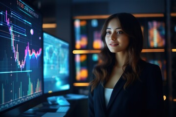 Naklejka premium Portrait of businesswoman looking at camera while standing in front of computer monitor with stock market chart.Generative Ai