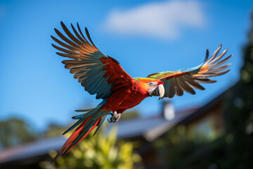 a red and green parrot flying in the air