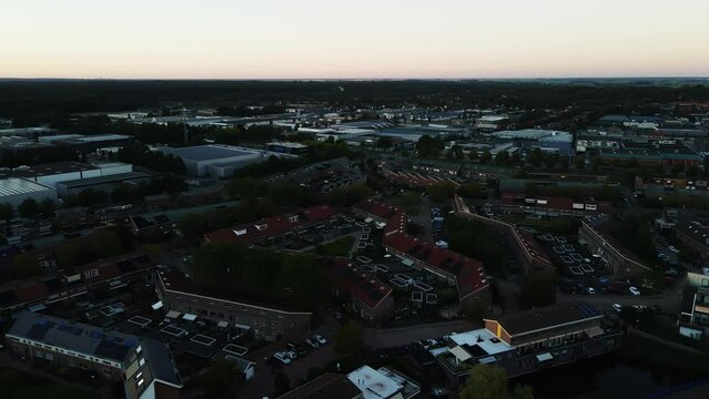 Aerial of a beautiful suburban neighborhood at sunset