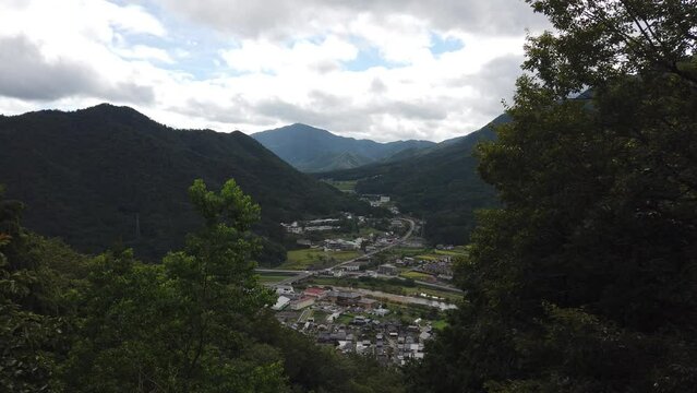 High angle view of asago japan, village between valley establishing shot