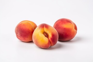 Three peaches on a white surface