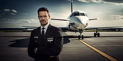 pilote de jet privé qui pose devant son avion sur la piste de l'aéroport - obrazy, fototapety, plakaty