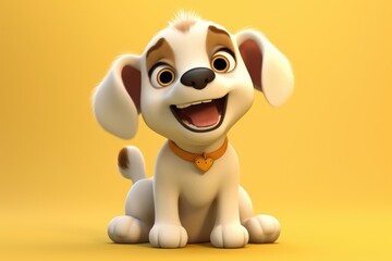 Cute and happy cartoon dog wearing collar sitting on yellow background, illustration.