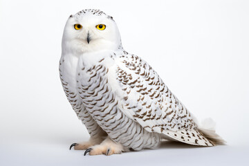 a white owl with yellow eyes sitting on a white surface