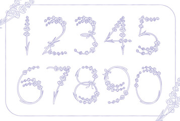 ラベンダーのスケッチ風、デザイン書体の数字セット。ベクター素材。