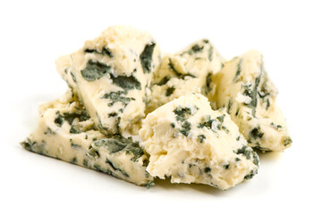Blue cheese triangle, isolated on white background.