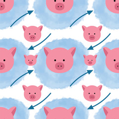 Seamless pattern with the image of a piglet in the clouds. Design for children s clothing, postcard design, paper.