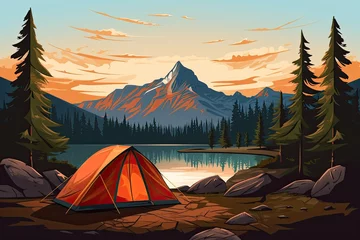 Foto op Plexiglas camping adventure tent in forest by lake mountain view illustration © krissikunterbunt