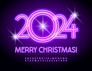 Fototapeta na wymiar Vector glowing Greeting card merry Christmas 2024! Violet Neon Font. Bright illuminated Alphabet. Glowing Uppercase Letters and Numbers