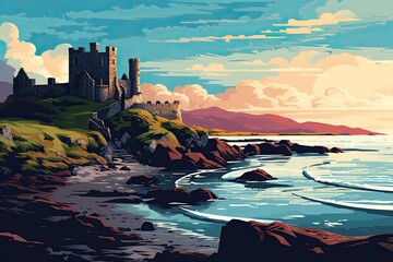 old castle ruins on green coast illustration - obrazy, fototapety, plakaty