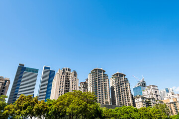 Fototapeta premium Low angle view of the modern architectural landscape in Taichung, Taiwan. It is near the National Taichung Theater.