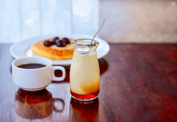 breakfast on the table: coffee, dessert, pie