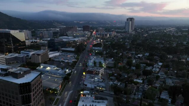 Burbank, California city at dusk - Aerial drone hyperlapse