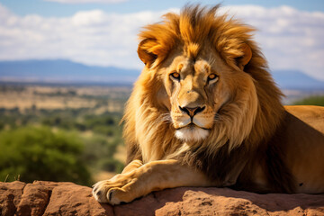 a lion laying on a rock with a beautiful landscape in the background