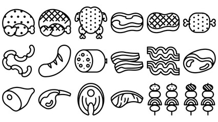 肉のアイコンセット。シンプルなベクター線画イラスト。
Meat icon set. Simple vector line drawing illustrations.